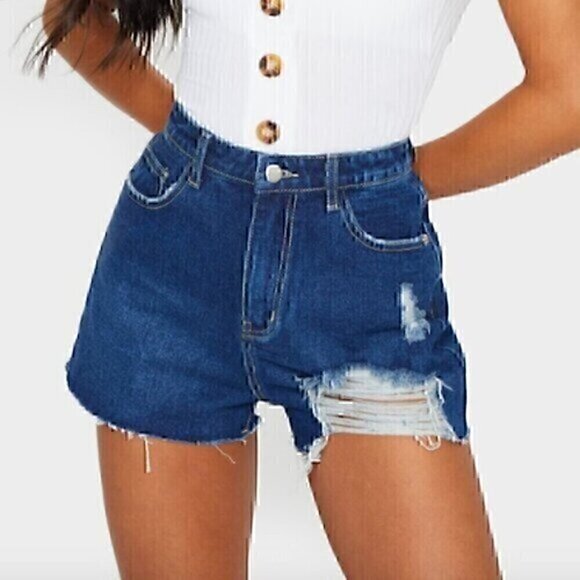 PRETTYLITTLETHING Dark Blue Wash Distressed Denim Mom Shorts Ripped High Waisted - Picture 1 of 15